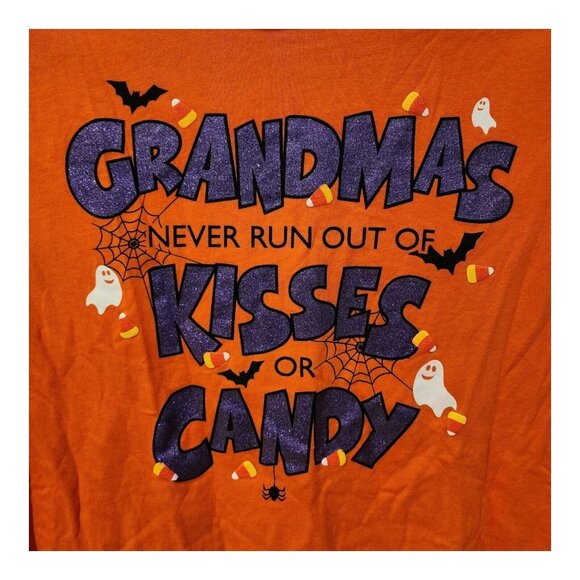 WOMENS 2XL ORANGE PURPLE GLITTER HALLOWEEN GRANDMA'S NEVER RUN OUT OF CANDY/KISS - Picture 2 of 6